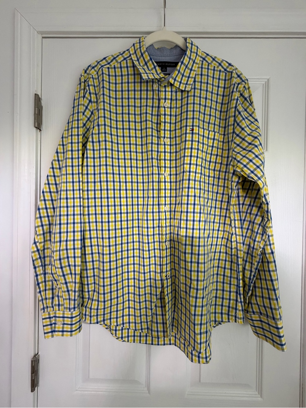 Tommy Hilfiger Yellow and Blue Check Custom Fit Button-Down Shirt Large